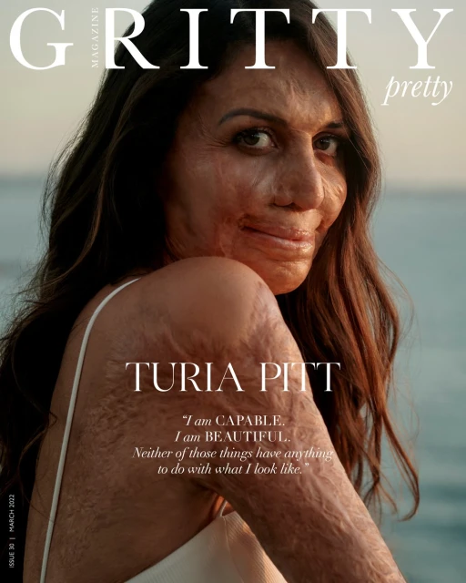 Magazine cover featuring Turia Pitt with ocean background. 'Gritty Pretty' text overlay. Close-up portrait, natural light, brunette.